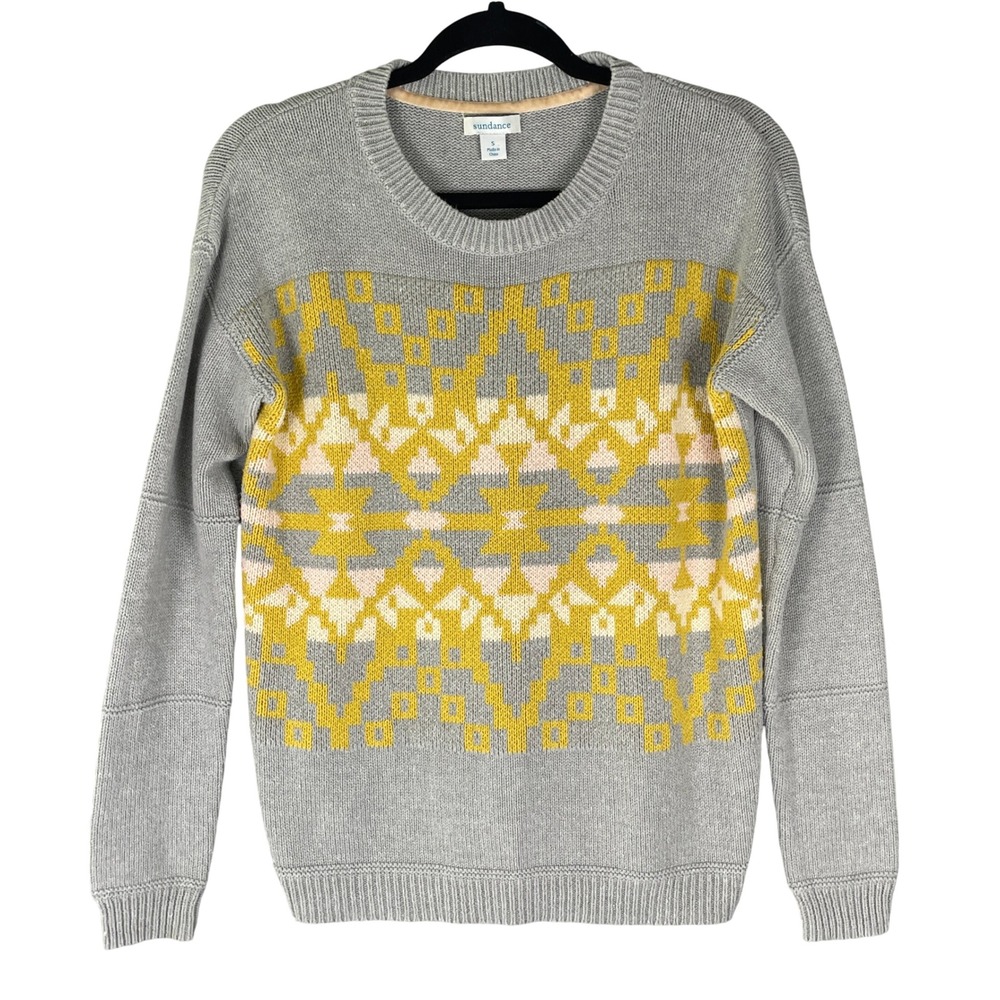 Sundance Sweater Womens Small Gray Yellow Geometric Crew Neck Excellent Pullover